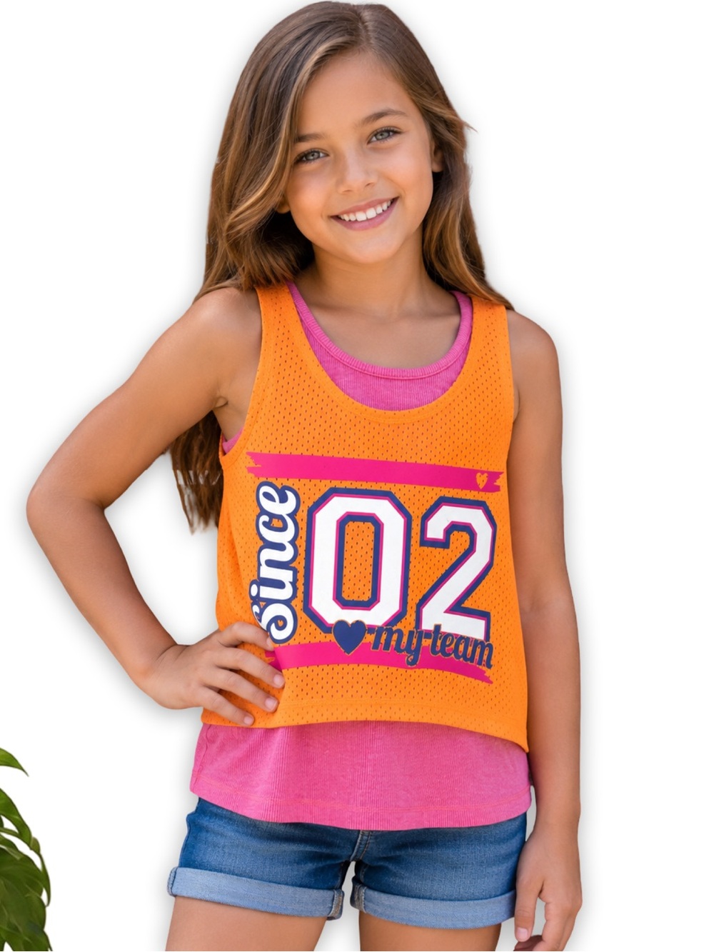 Danskin Now Girls Layered Tank Top Size M 7-8 Orange Pink Athletic Graphic Shirt